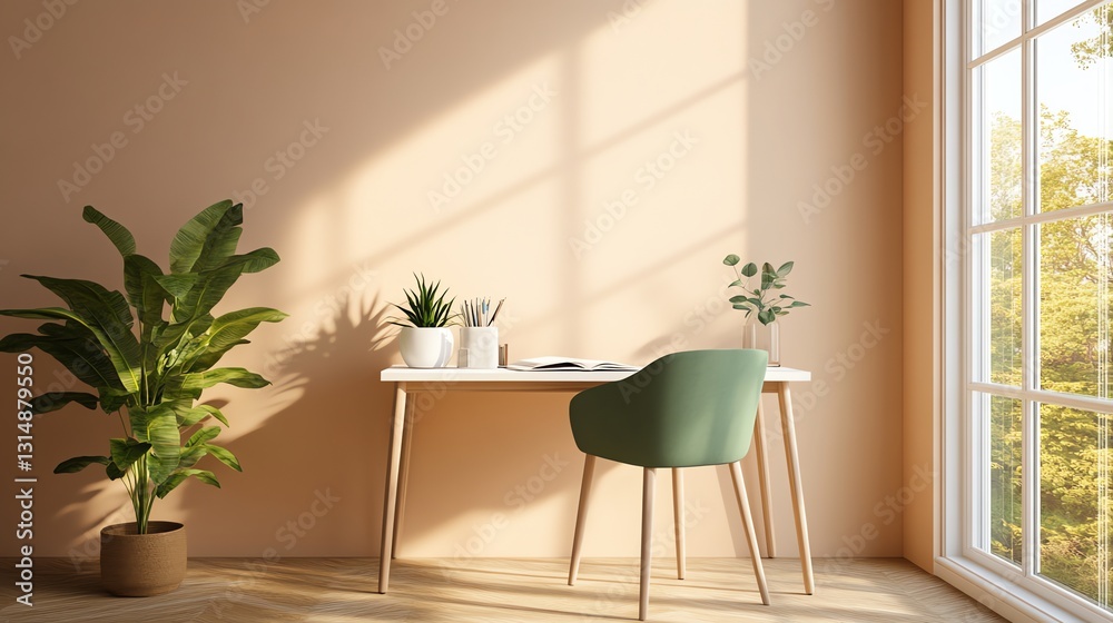 Fototapeta premium Bright Home Office Interior with Desk, Green Chair and Large Window