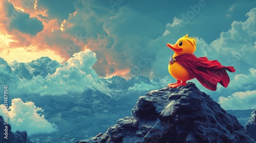 Superhero yellow duck wearing red cape standing on mountain top at sunset