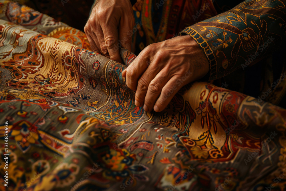 Elderly artisan weaves vibrant multicolored textile on traditional loom. Close up of female hands weaving traditional carpet