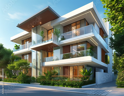 three-story residential building with a focus on modern architectural elements. The building features a white exterior, sleek glass balconies, and wooden accents on doors and railings. 