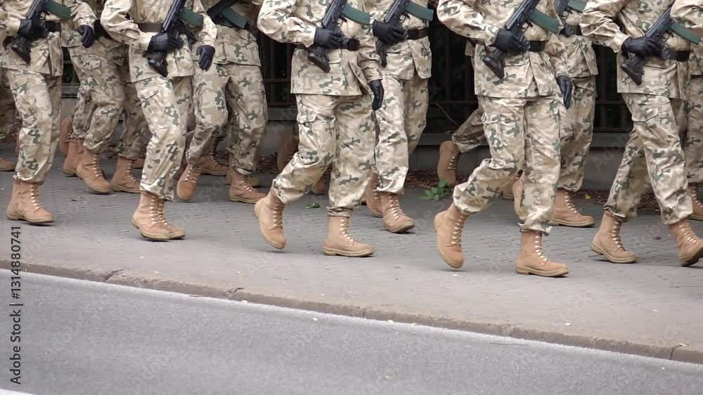 Soldiers marching on a sidewalk during a parade in slow motion 120fps Soldiers marching on a sidewalk during a parade in slow motion 120fps
