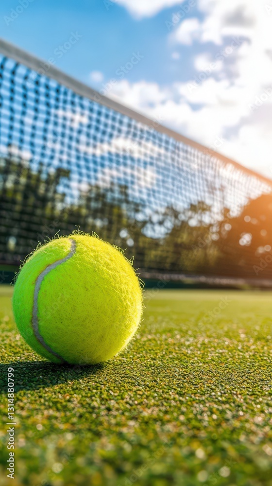 Tennis Ball on Court Near Net Outdoors on Sunny Day Tennis Ball on Court Near Net Outdoors on Sunny Day