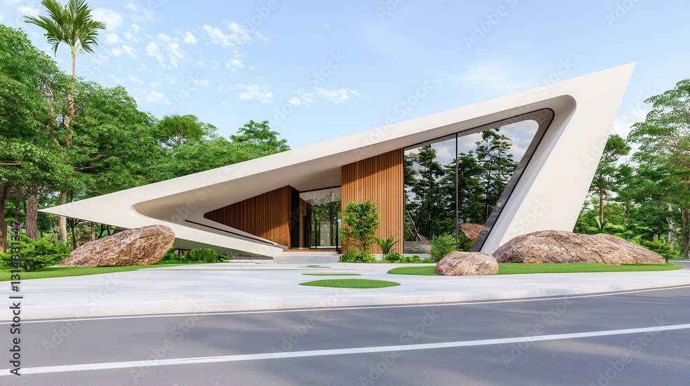 Naklejka premium Modern Architectural Design Featuring Angular Shapes and Natural Surroundings