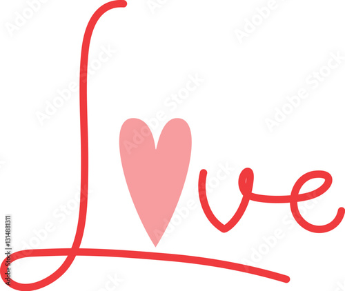 Hand-drawn love heart lettering line art. 