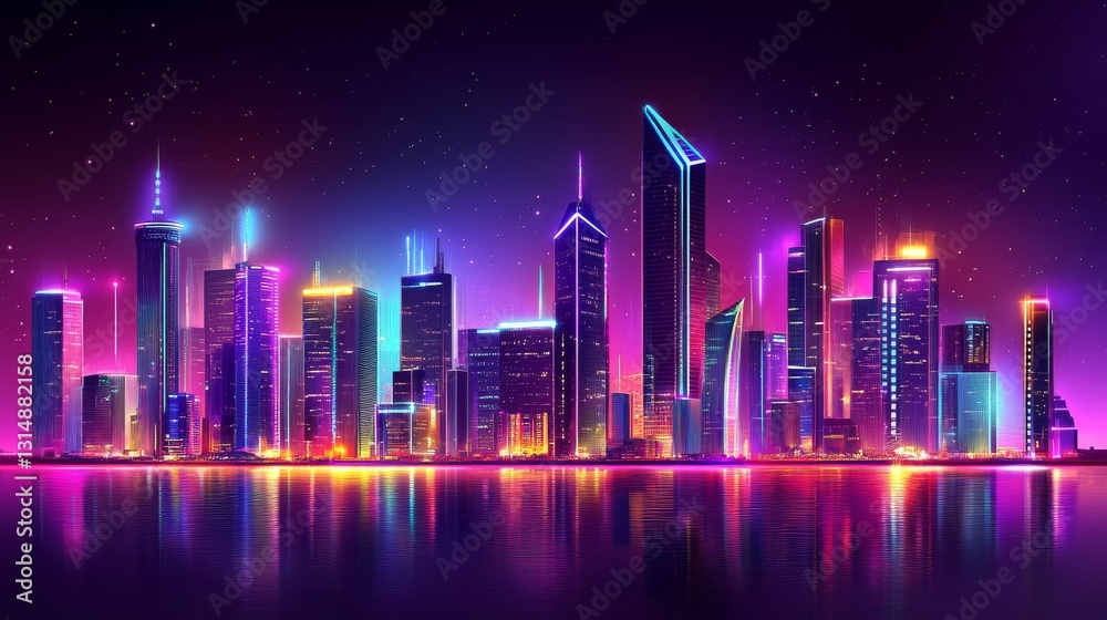 Futuristic city skyline at night, illuminated by bright neon lights Futuristic city skyline at night, illuminated by bright neon lights