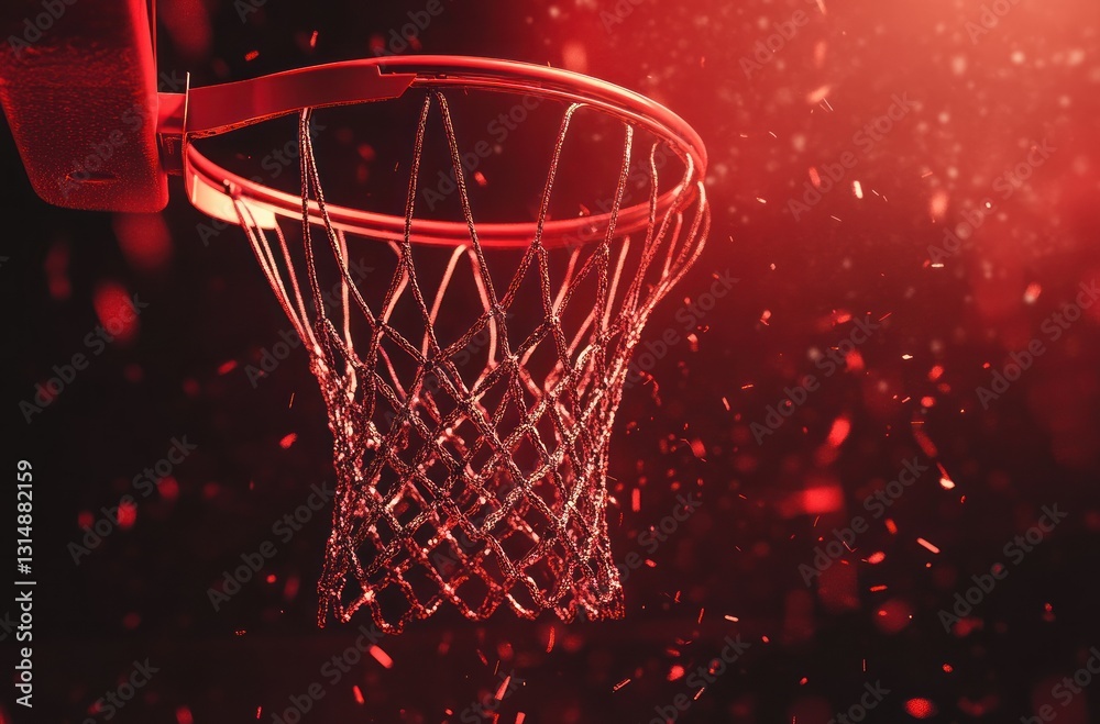 A basketball hoop with red light shining on it, surrounded by black background. A basketball hoop with red light shining on it, surrounded by black background.