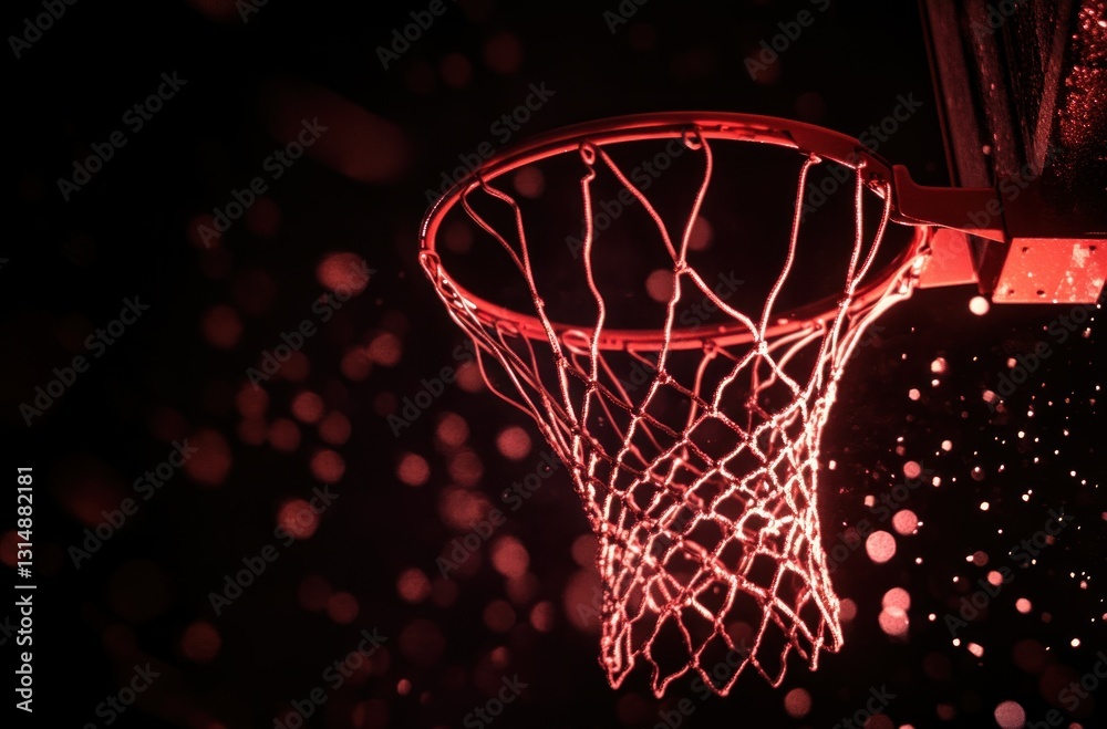 A basketball hoop with red light shining on it, surrounded by black background. A basketball hoop with red light shining on it, surrounded by black background.
