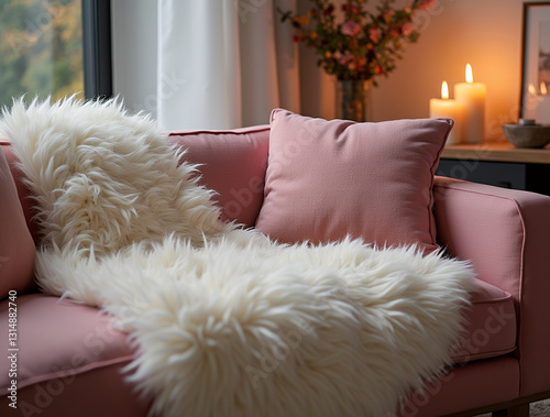 Cozy pink sofa with sheepskin blanket and pillows. Scandinavian farmhouse, hygge home interior design of modern living room. Warm and inviting winter atmosphere with burning candles photo