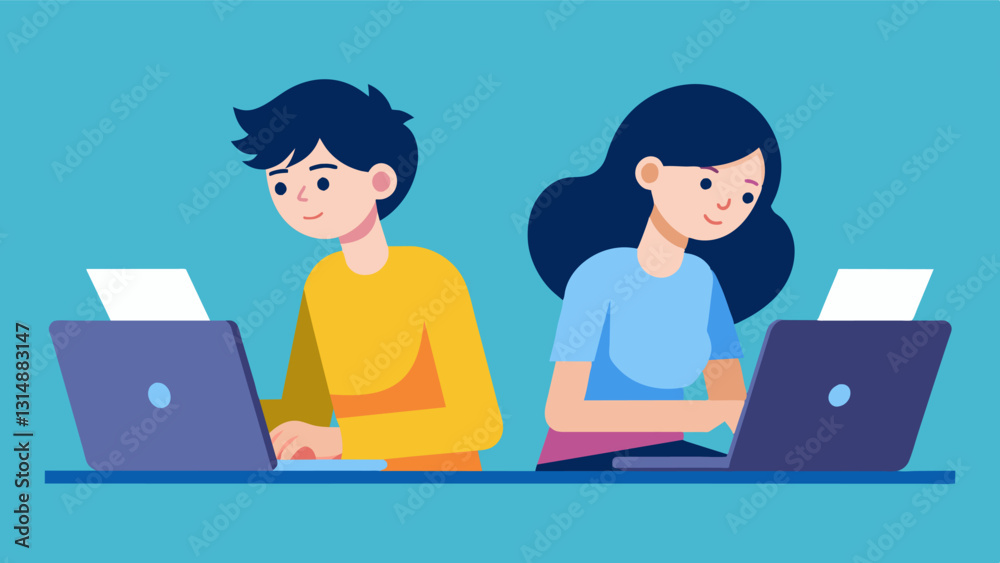 Two teenagers sit hunched over their laptops intently typing away at their coding homework assignment.. Vector illustration Two teenagers sit hunched over their laptops intently typing away at their coding homework assignment.. Vector illustration