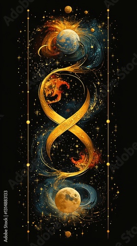 A golden infinity symbol intertwined with celestial elements, symbolizing eternal energy