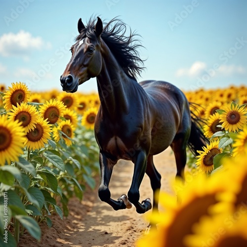 Majestic Horse Galloping Through a Sunflower Field