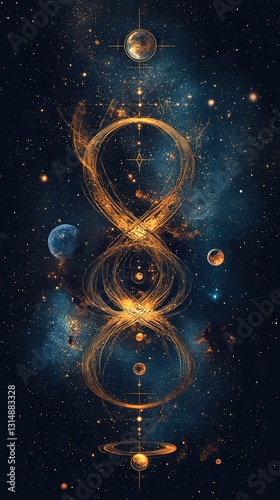 A golden infinity symbol intertwined with celestial elements, symbolizing eternal energy
