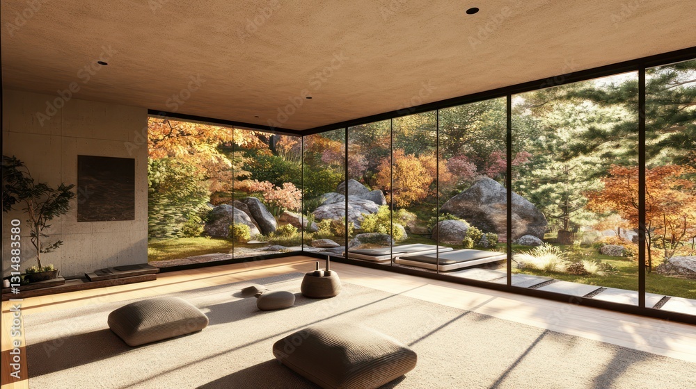 Fototapeta premium Modern Zen Room with Autumn Garden View