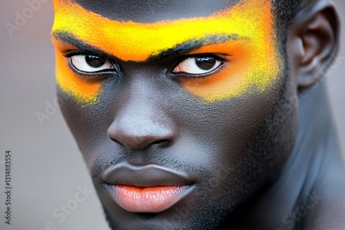 Fierce young man with intense gaze wearing tribal inspired face paint in striking yellow and black tones against a dark moody background for powerful portrait photography photo