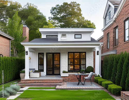  a practical middle-class house with a small backyard. The home features a white exterior with brick accents, a single garage, and simple landscaping with shrubs and a lawn.