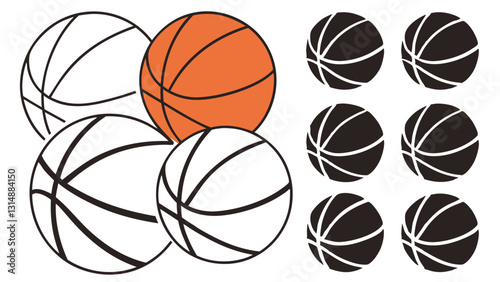 Basketball Icon Set – Black and White Outline, Orange, and Silhouette Sports Ball Illustrations for Basketball Designs, Team Logos, Game Graphics, and Sport-Themed Artwork
