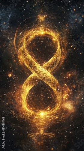 A golden infinity symbol intertwined with celestial elements, symbolizing eternal energy