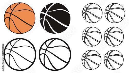 Basketball Icon Set – Black and White Outline, Orange, and Silhouette Sports Ball Illustrations for Basketball Designs, Team Logos, Game Graphics, and Sport-Themed Artwork
