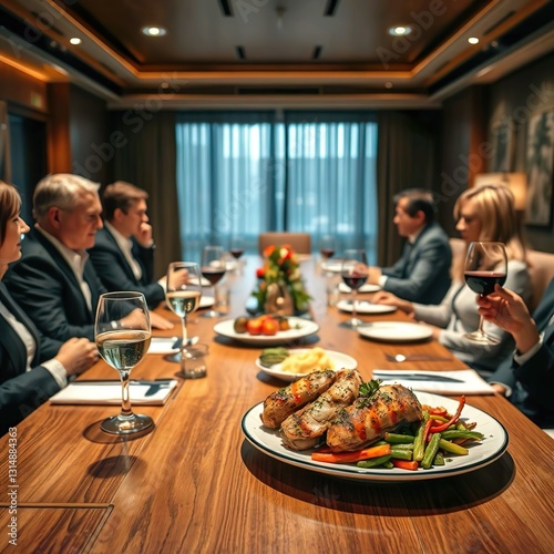 Imagen antes de organizar una reunión mientras come un plato occidental en la sala de reuniones del hotel
