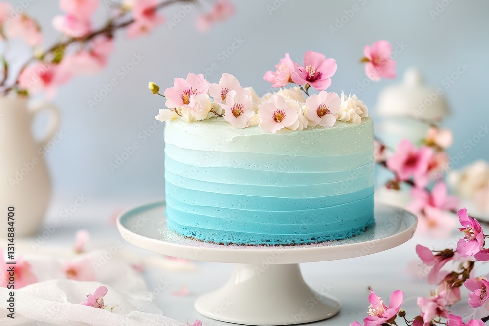 A stunning blue ombre cake with smooth buttercream frosting, decorated with delicate cherry blossoms, displayed on a white cake stand. A stunning blue ombre cake with smooth buttercream frosting, decorated with delicate cherry blossoms, displayed on a white cake stand.