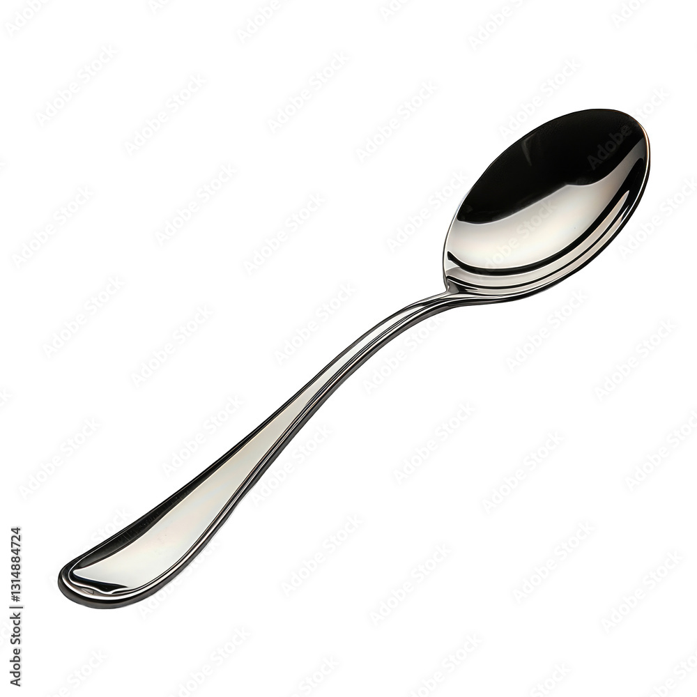 Shiny Silver Spoon on White Background with Reflective Surface a Shiny Silver Spoon on White Background with Reflective Surface a