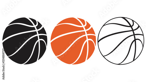 Basketball Icon Set – Black and White Outline, Orange, and Silhouette Sports Ball Illustrations for Basketball Designs, Team Logos, Game Graphics, and Sport-Themed Artwork
