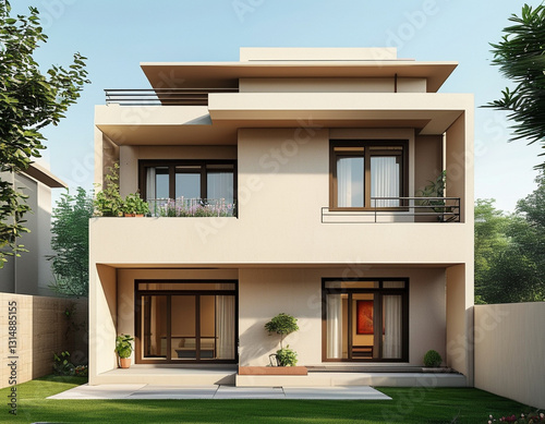 modern Indian middle-class home. The house has a compact, two-story design with a beige or pastel-colored exterior, flat roof, and simple balcony.