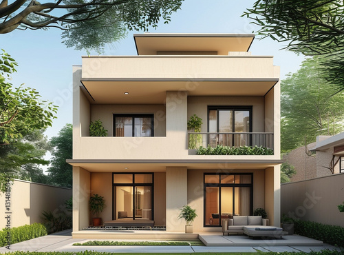 modern Indian middle-class home. The house has a compact, two-story design with a beige or pastel-colored exterior, flat roof, and simple balcony.