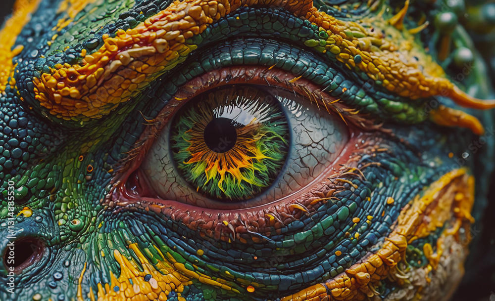 Obraz premium Colorful eye with a green iris and a yellow pupil. The eye is surrounded by a green and yellow face