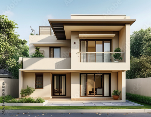 modern Indian middle-class home. The house has a compact, two-story design with a beige or pastel-colored exterior, flat roof, and simple balcony.
