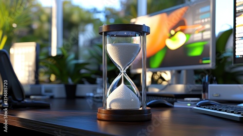 Hourglass on office desk, time passing, computers and plants in background