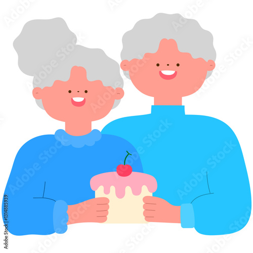 senior couple celebrating their golden anniversary with a cake, lifetime love and graceful aging flat vector illustration
