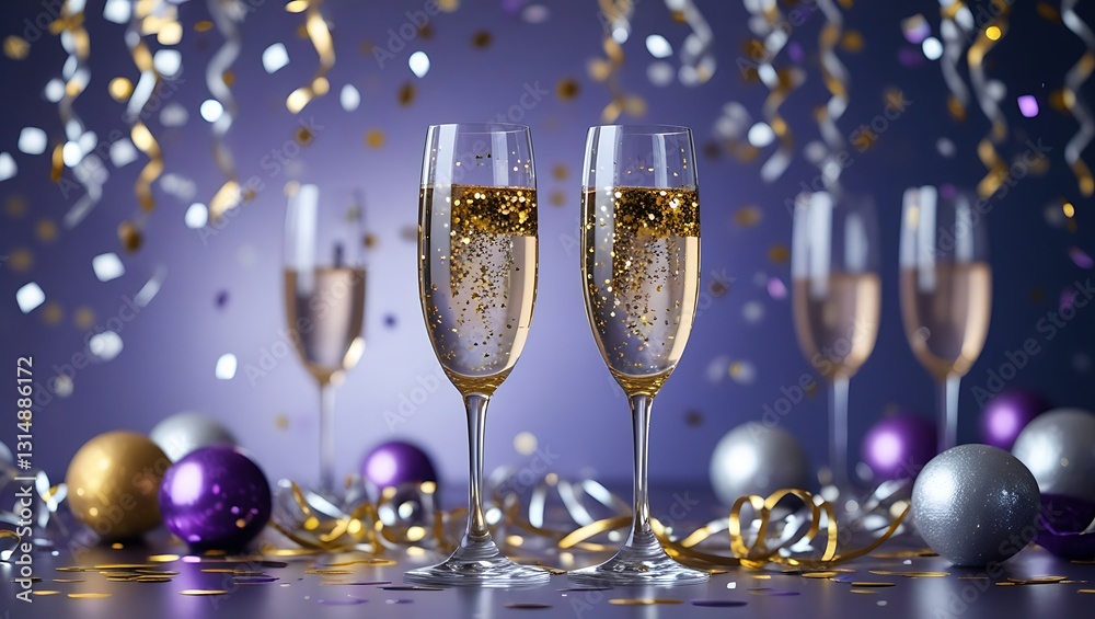A luxurious New Year’s background with shimmering gold and silver confetti, a midnight blue-to-purple gradient, and champagne glasses, perfect for upscale celebrations and event branding. A luxurious New Year’s background with shimmering gold and silver confetti, a midnight blue-to-purple gradient, and champagne glasses, perfect for upscale celebrations and event branding.