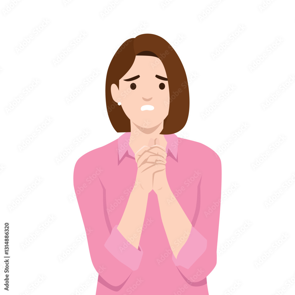 Worried woman pleading clasps her hands together, appearing to plead or seek reassurance. Flat vector illustration isolated on white background Worried woman pleading clasps her hands together, appearing to plead or seek reassurance. Flat vector illustration isolated on white background