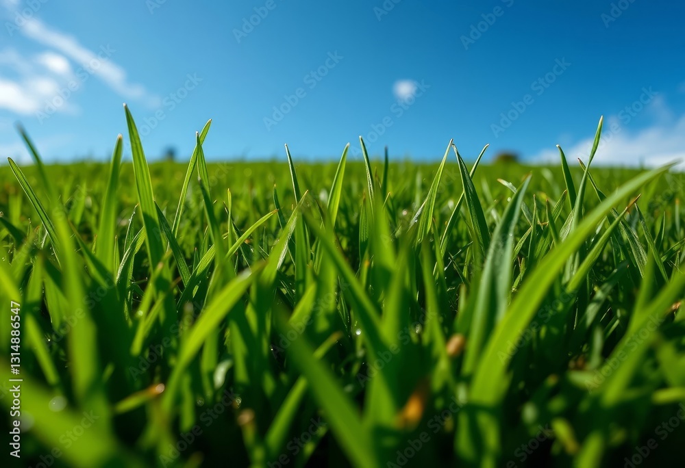 Fototapeta premium A Vibrant Meadow of Lush Green Grass Under a Clear Blue Sky, Displaying the Texture and Detail of Blades of Grass in Natural Sunlight