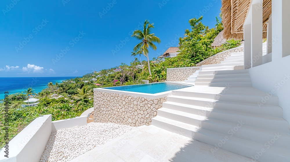 Fototapeta premium Luxurious Outdoor Terrace with Infinity Pool Overlooking Tropical Paradise
