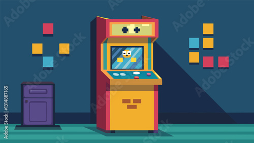 An oldschool arcade machine in the corner is filled with games like PacMan and Space Invaders.. Vector illustration
