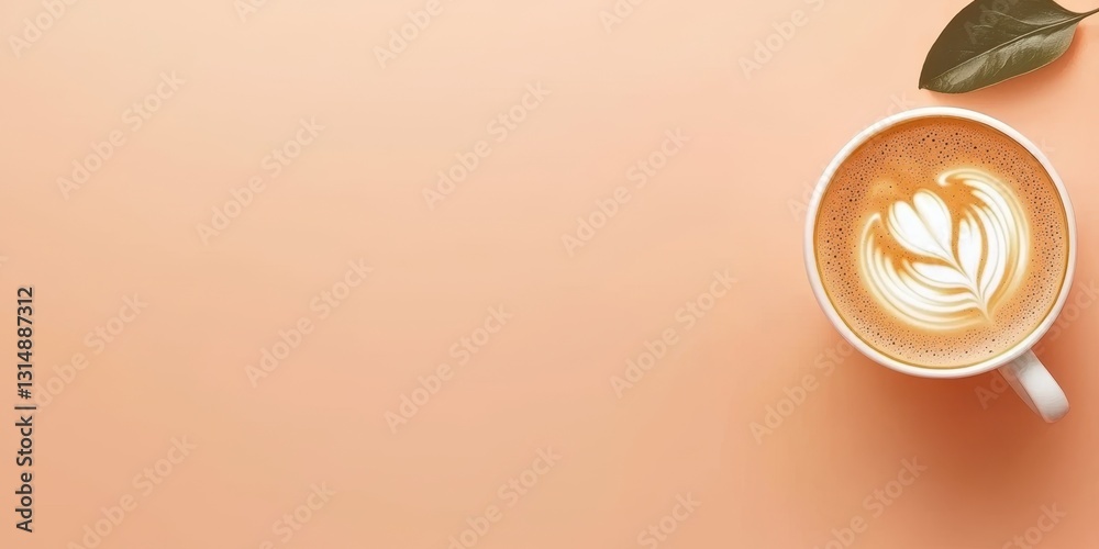A beautifully crafted latte in a white cup, featuring intricate foam art, set against a warm, peach-colored background. A beautifully crafted latte in a white cup, featuring intricate foam art, set against a warm, peach-colored background.