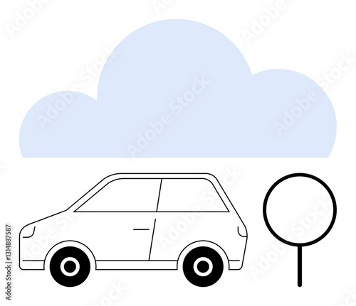 Compact car beside tree with cloud above, rendered in clean lines. Ideal for concepts thumbs up transportation, road trip, environment, weather, sustainability, minimalism, flat simple metaphor