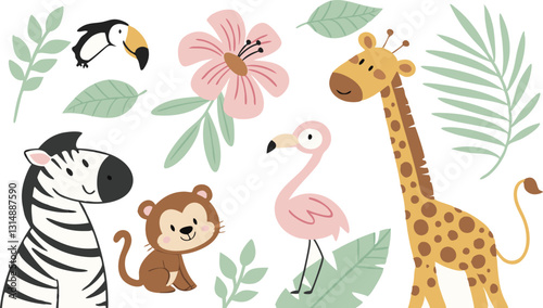 Beautiful stock illustrations set with cute flamingo lion toucan zebra elephant monkey. Isolated naive style drawing.  Safari animal clip art. Childish hand drawn painting AI, EPS, PNG, JPEG File.