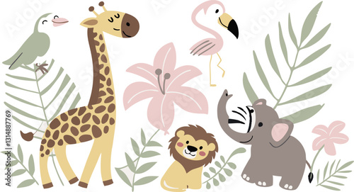 Wallpaper Mural Beautiful stock illustrations set with cute flamingo lion toucan zebra elephant monkey. Isolated naive style drawing.  Safari animal clip art. Childish hand drawn painting AI, EPS, PNG, JPEG File. Torontodigital.ca