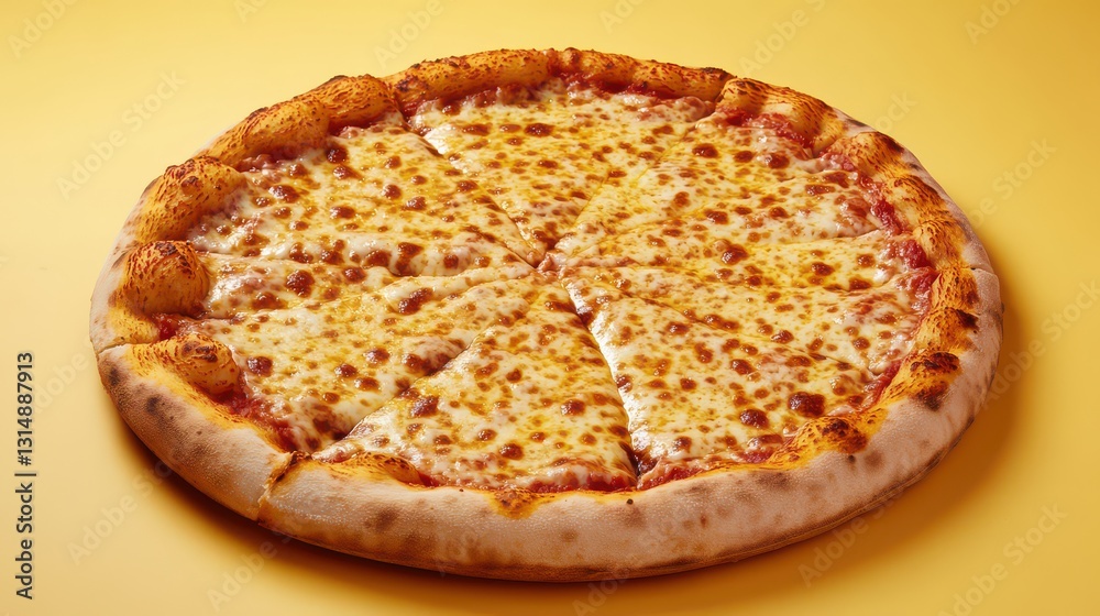 A full cheese pizza with golden melted cheese and a crispy edge, against a solid warm yellow background, giving the scene a sunny, inviting feel. A full cheese pizza with golden melted cheese and a crispy edge, against a solid warm yellow background, giving the scene a sunny, inviting feel.