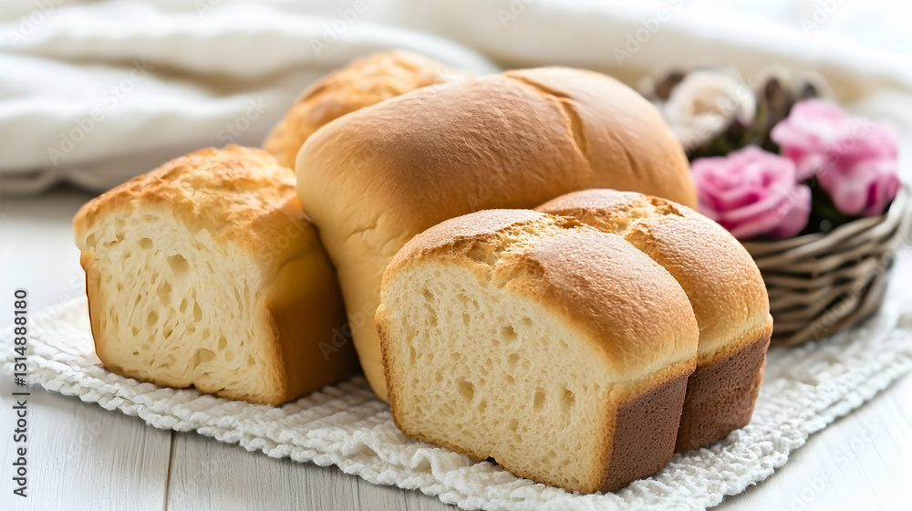 Delicious loaves of baked bread displayed on a bright white surface Delicious loaves of baked bread displayed on a bright white surface