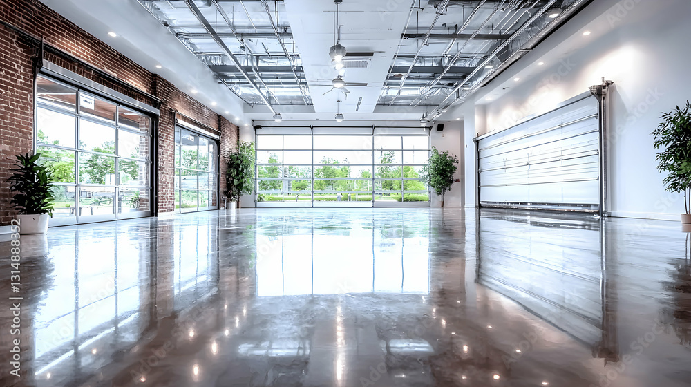 A spacious and modern interior venue with large glass windows A spacious and modern interior venue with large glass windows