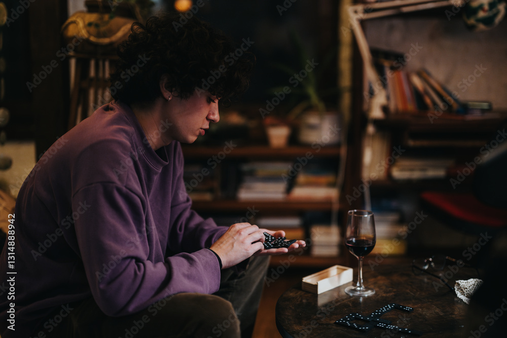 A man wearing a purple sweater, sitting in a cozy living room, is playing dominoes with focus. Near him is a glass of wine, with a warm ambiance surrounding. A man wearing a purple sweater, sitting in a cozy living room, is playing dominoes with focus. Near him is a glass of wine, with a warm ambiance surrounding.