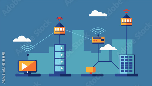 The endless flow of data invisible to the d eye traveling through the air and connecting devices thanks to the power of telecommunication towers.. Vector illustration