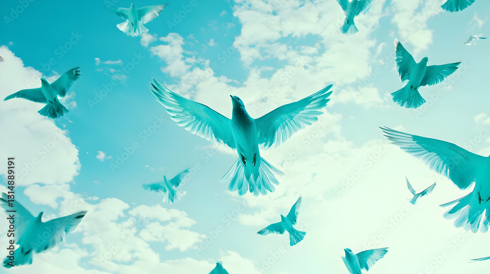 Vibrant Birds Soaring in a Bright Sky with Fluffy Clouds Above Vibrant Birds Soaring in a Bright Sky with Fluffy Clouds Above