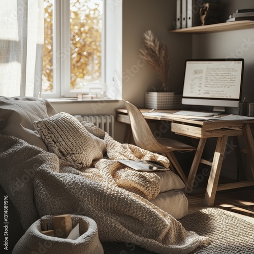 A comfy living space with an associated home office photo