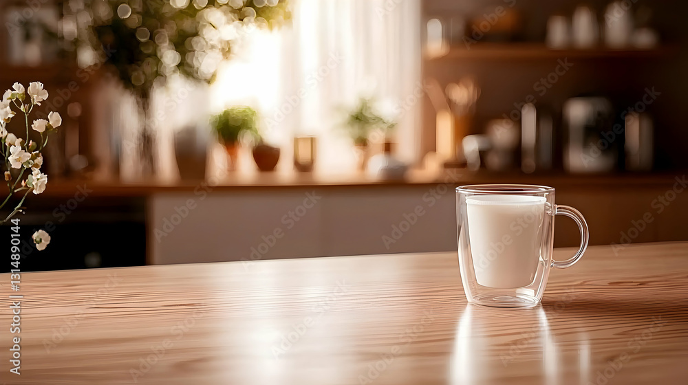 Fototapeta premium A transparent glass mug filled with milk on a wooden counter