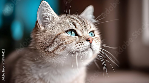 A beautiful light brown cat with stunning blue eyes looking up